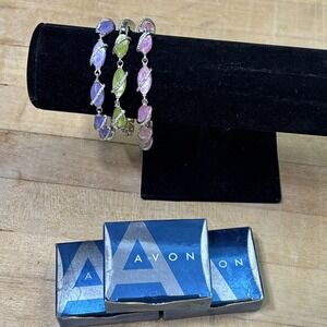 3 Vintage Avon Silver Tone Pastel Link Bracelets Rhinestones Boxed
